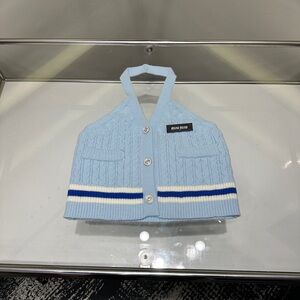 Miu Miu Light Blue Cable-Knit Halter Crop Top with Navy & White Stripes